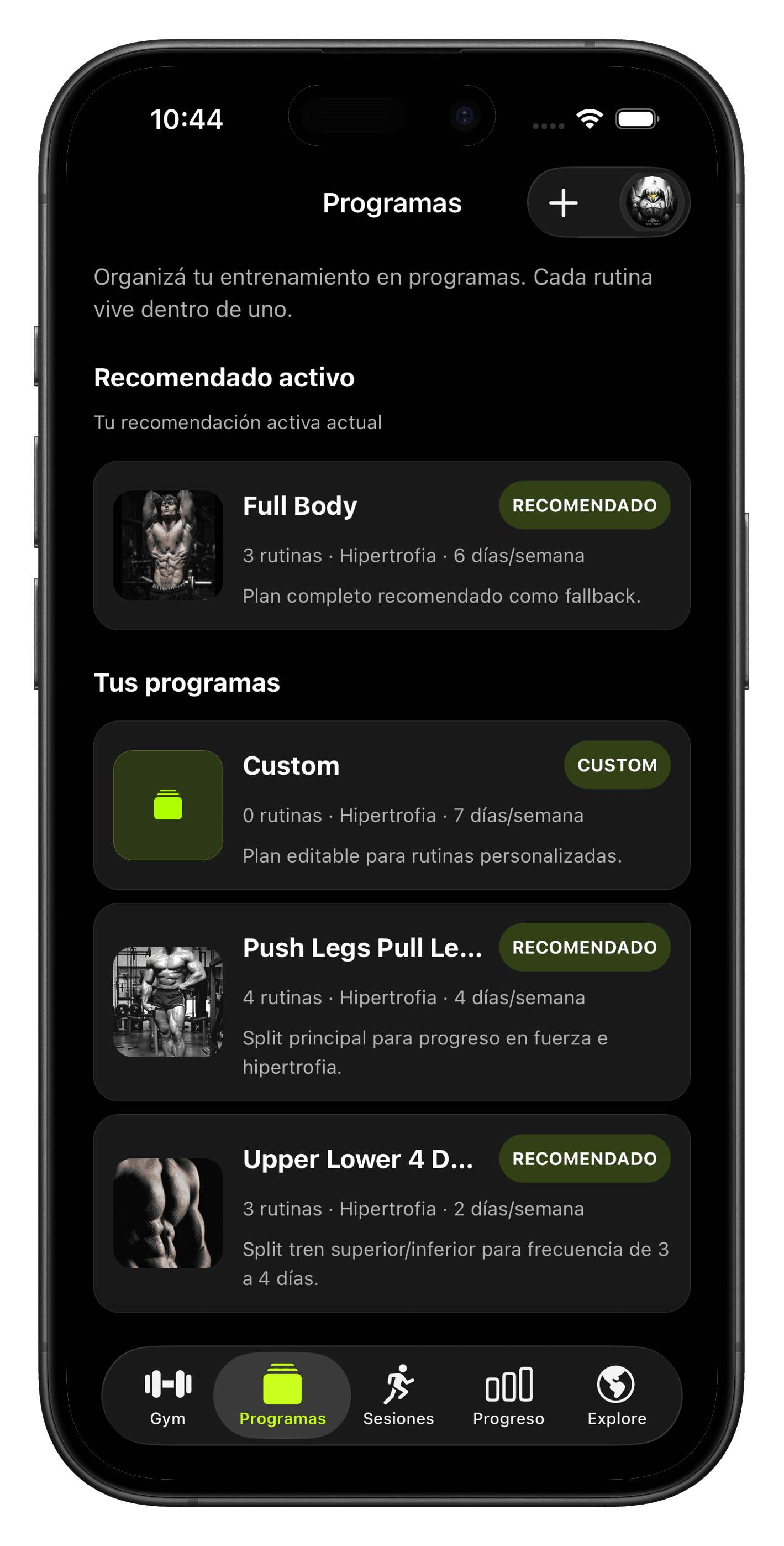 GainWise screen showing workout programs and routines.