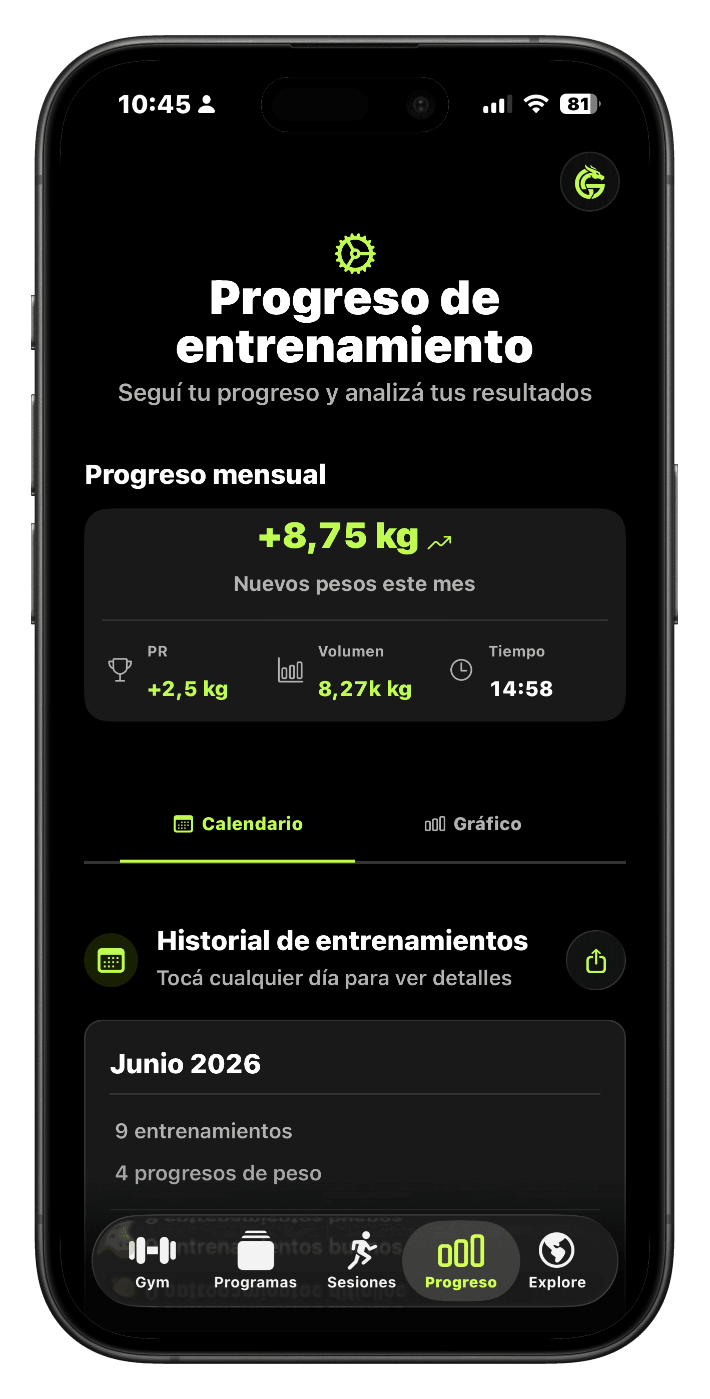 GainWise screen with progress summary and personal records.