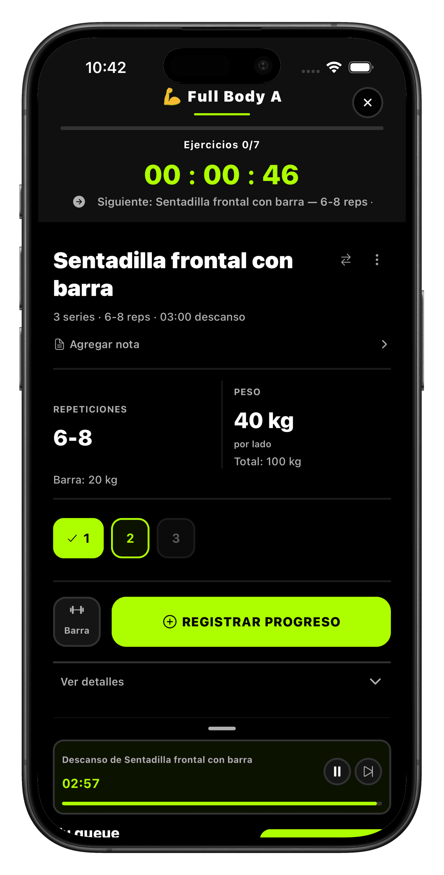 GainWise screen for logging a workout session.